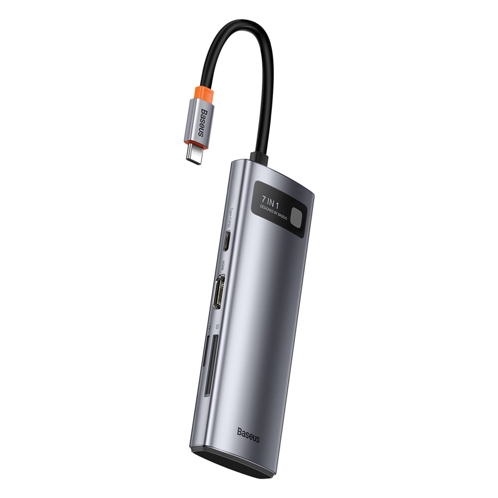 Baseus Metal Gleam Series multifunktionell USB HUB 7in1 Typ C HDMI TF PD kortläsare grå (WKWG020113)