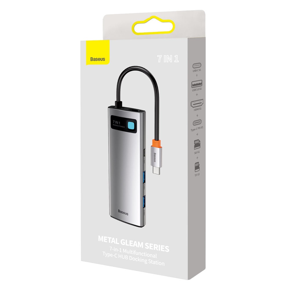 Baseus Metal Gleam Series multifunktionell USB HUB 7in1 Typ C HDMI TF PD kortläsare grå (WKWG020113)