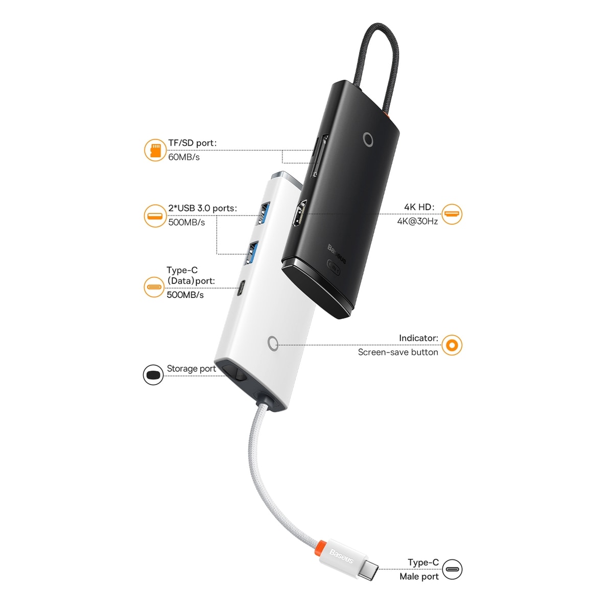 Baseus Lite Series USB Type-C HUB - 2 x USB 3.0 / USB-C / HDMI 1.4 / SD/TF OTG schwarz (WKQX050001)