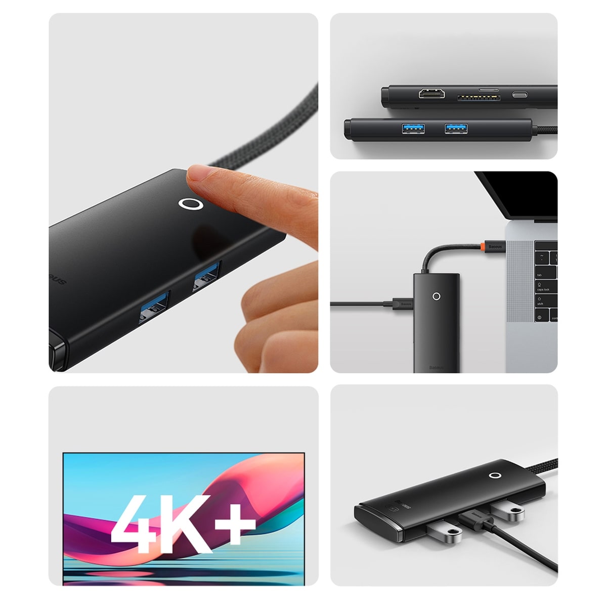Baseus Lite Series multifunktionell HUB USB typ C - 2 x USB 3.0 / PD / HDMI 1.4 / SD / TF svart