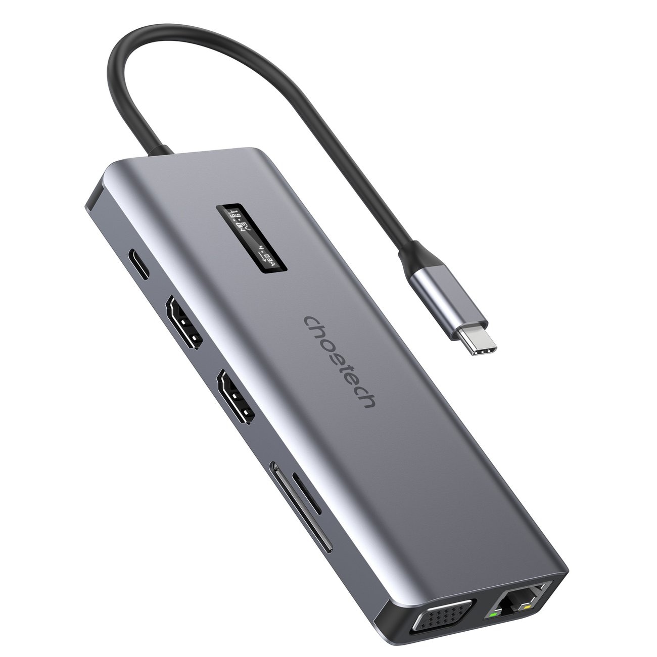 Choetech 12in1 USB-C HUB med display: USB-C/USB-A/HDMI/VGA/AUX/SD/TF grå (HUB-M26)