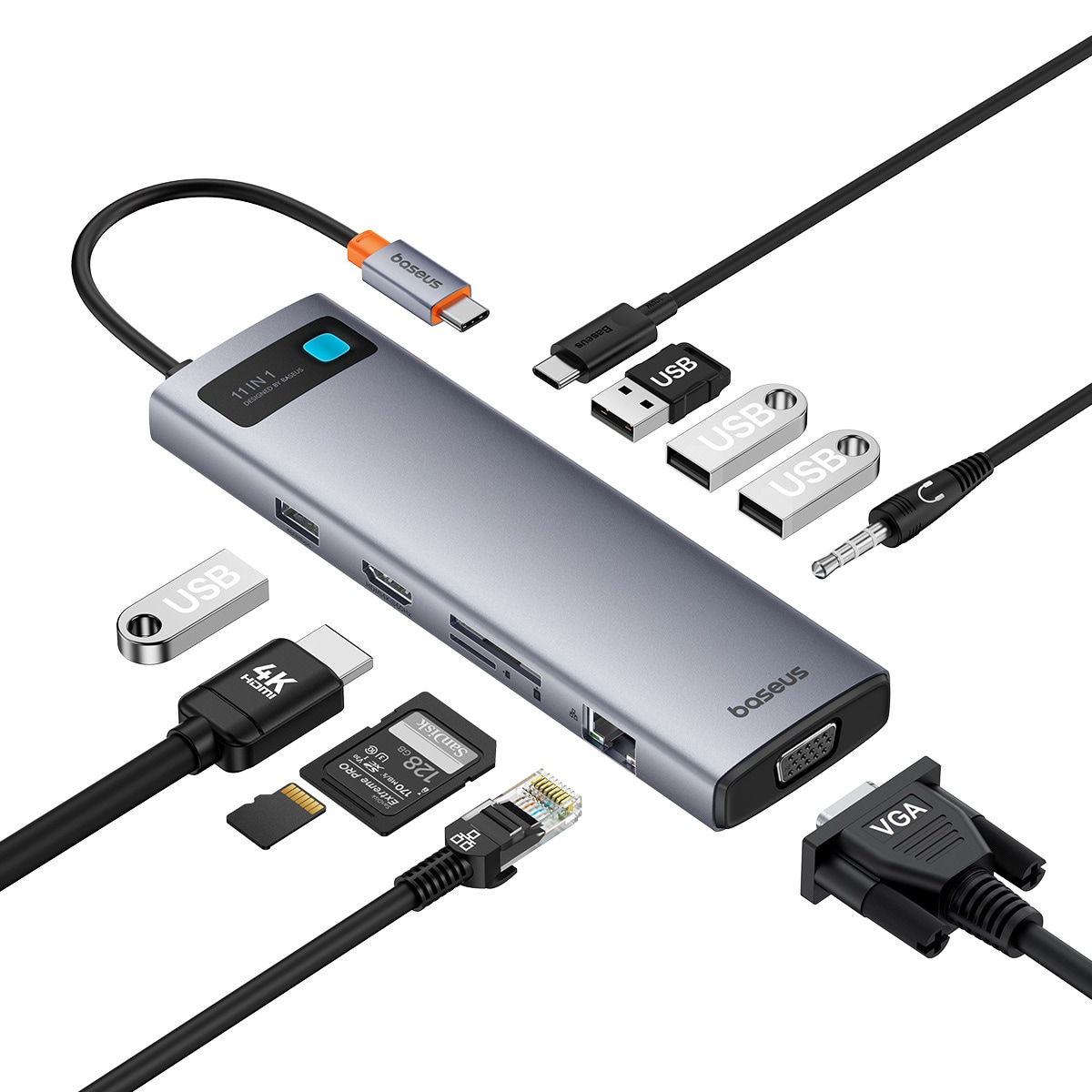 HUB 11in1 Baseus Metal Gleam USB-C PD, 3x USB-A 3.0, HDMI, VGA, AUX, RJ-45, SD TF - grå