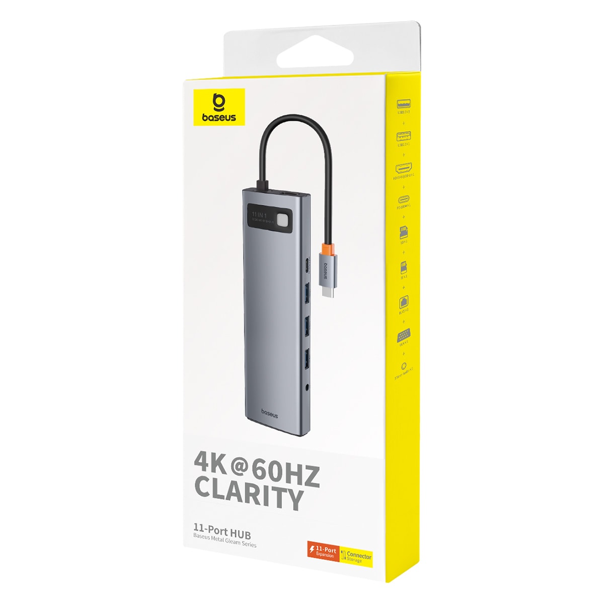 HUB 11in1 Baseus Metal Gleam USB-C PD, 3x USB-A 3.0, HDMI, VGA, AUX, RJ-45, SD TF - grå