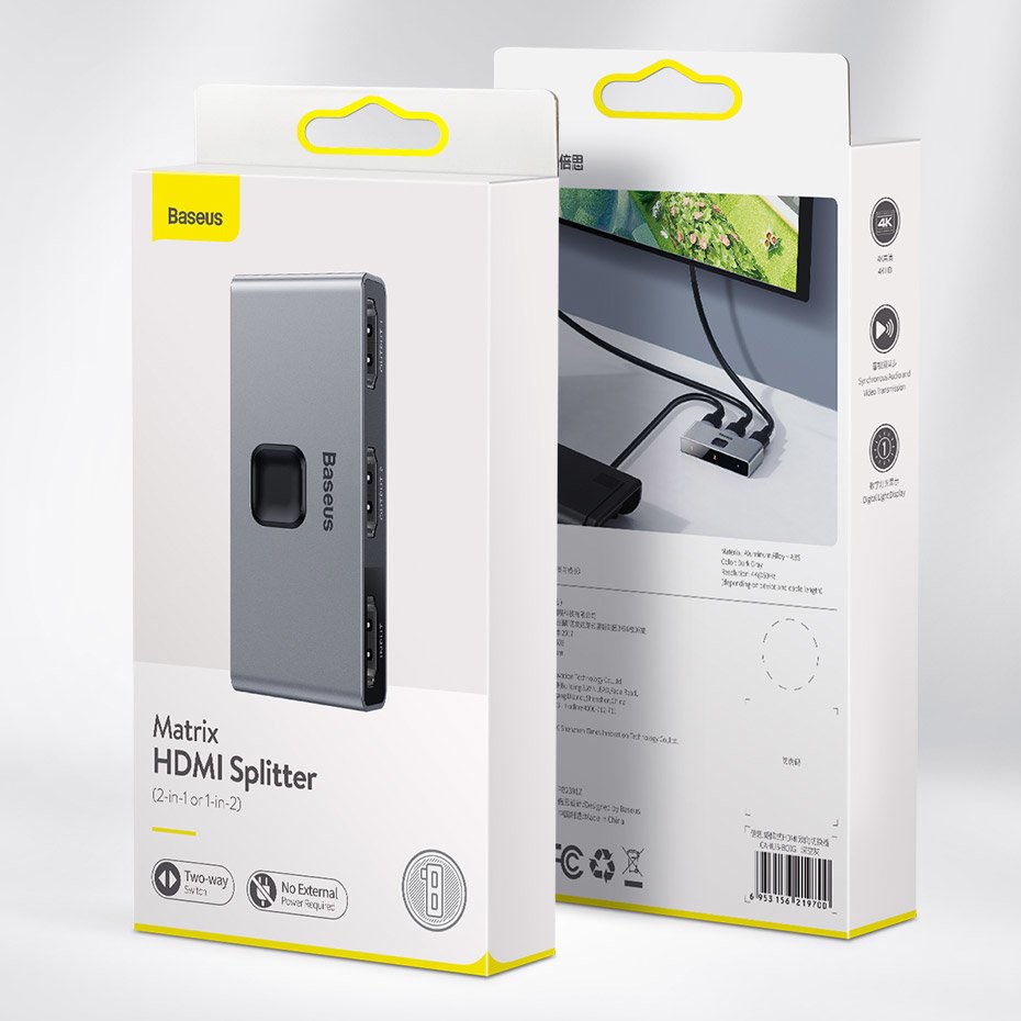 Baseus dubbelriktad switch splitter switcher HDMI - 2x HDMI 4K / 30 Hz grå (CAHUB-BC0G)