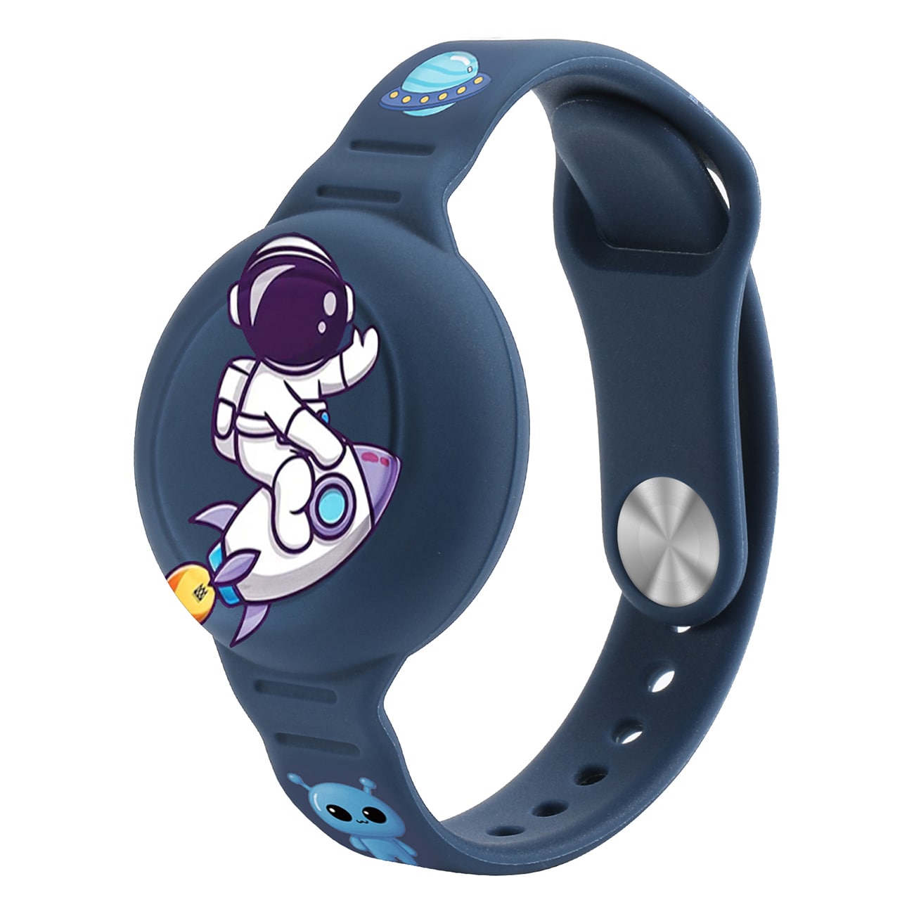 AirTag Case Silikonarmband för barn - Marinblå med astronaut