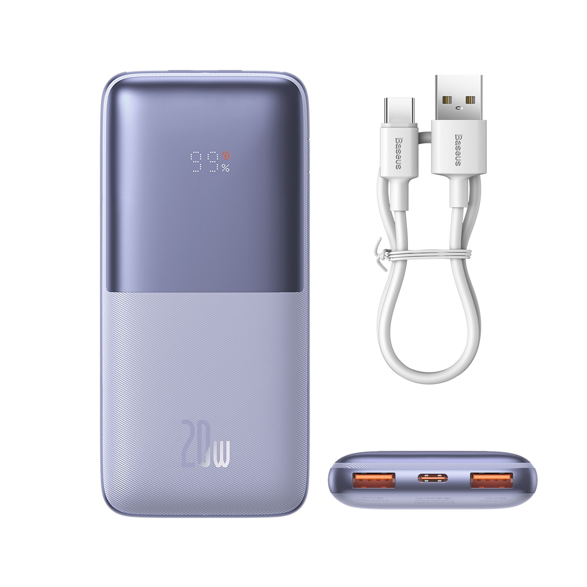 Baseus Bipow Pro Power Bank 10000mAh 20W Purple med USB typ A - USB typ C 3A 0,3m kabel (PPBD040205)