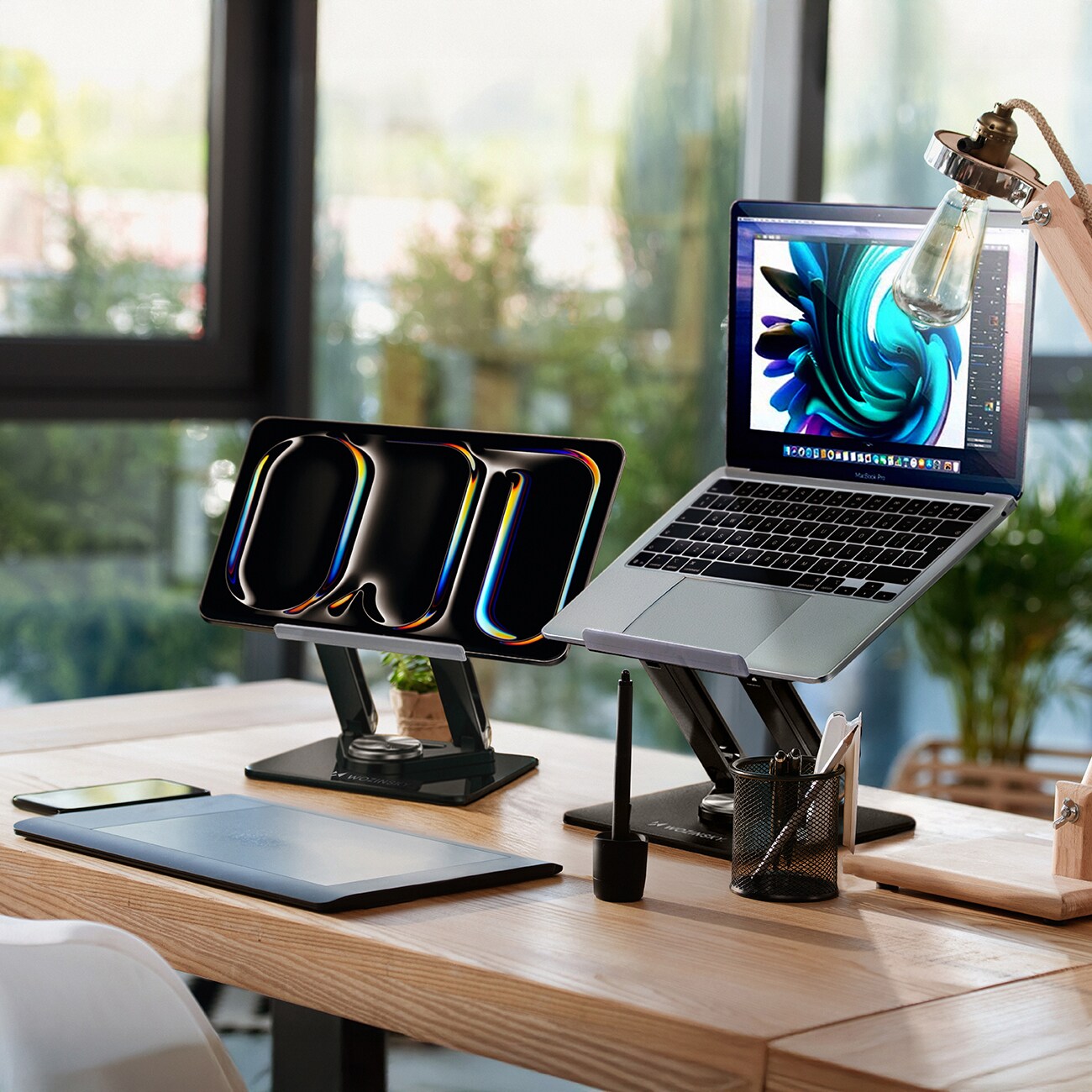 Wozinsky WRS-CPY84SB 360 aluminiumstativ för laptop/surfplatta + gratis smartphone-stativ - svart