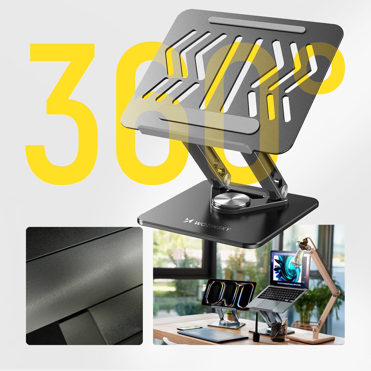 Wozinsky WRS-CPY84SB 360 aluminiumstativ för laptop/surfplatta + gratis smartphone-stativ - svart