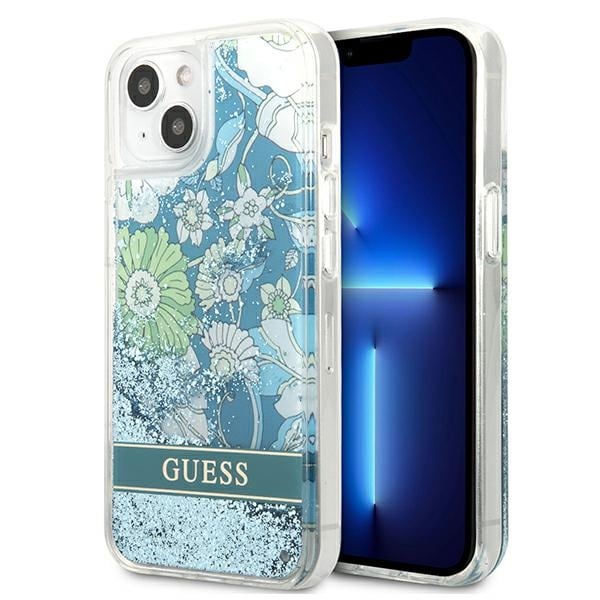Guess GUHCP13MLFLSN iPhone 13 6,1" grön/grönt hårda fodral Flower Liquid Glitter