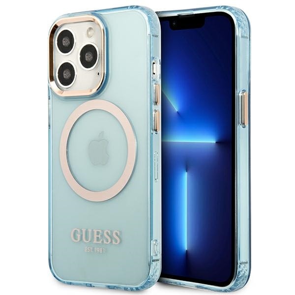 Guess Gold Outline Genomskinligt MagSafe-fodral för iPhone 13 Pro / iPhone 13 - blått