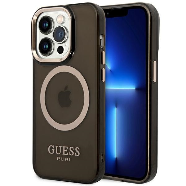 Guess GUHMP14LHTCMK iPhone 14 Pro 6.1" svart hårt fodral Gold Outline Genomskinlig MagSafe