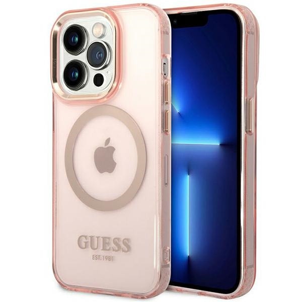 Guess GUHMP14XHTCMP iPhone 14 Pro Max 6.7" rosa hårt fodral Gold Outline MagSafe