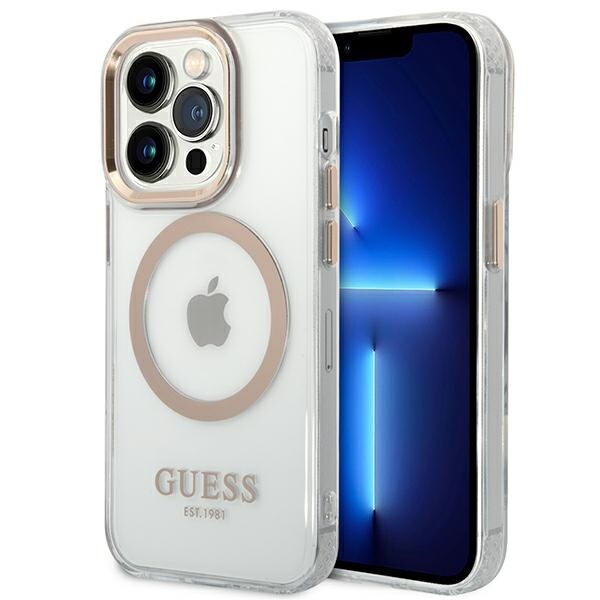 Guess GUHMP14XHTRMD iPhone 14 Pro Max 6,7 "guld / guld hårt fodral Metall Outline Magsafe