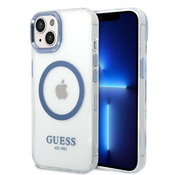 Guess Metal Outline MagSafe-fodral för iPhone 14 Plus - blå