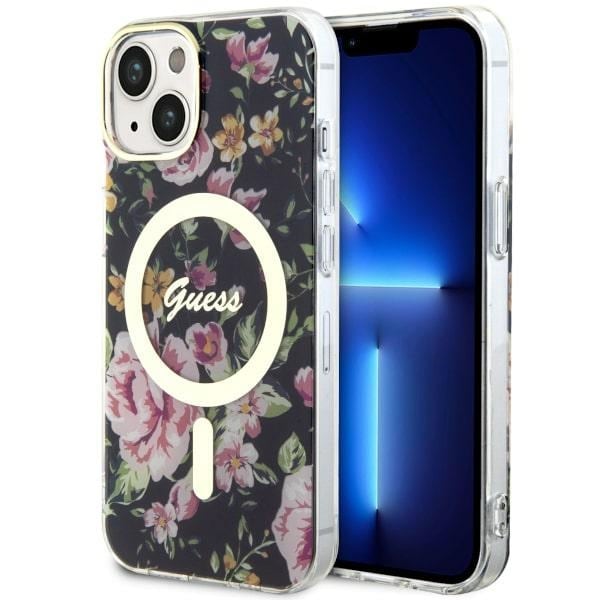Guess GUHMP14MHCFWSK iPhone 14 Plus 6,7" svart/svart hårdplastfodral Flower MagSafe