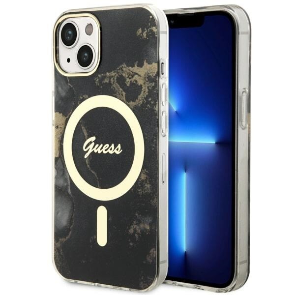 Guess GUHMP14MHTMRSK iPhone 14 Plus 6,7" svart/svart hårdplastfodral Golden Marble MagSafe
