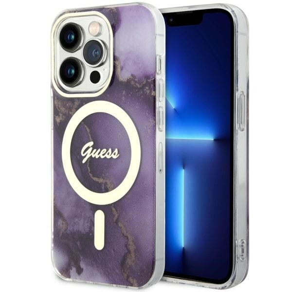Guess GUHMP14LHTMRSU iPhone 14 Pro 6,1" lila/lila hårdplastfodral Golden Marble MagSafe