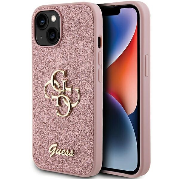 Guess Glitter Script Big 4G fodral för iPhone 15 - rosa