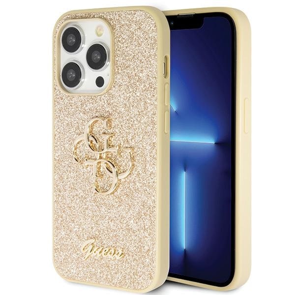 Guess GUHCP14LHG4SGD fodral för iPhone 14 Pro - guld Glitter Script Big 4G