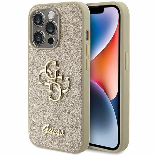 Guess Glitter Script Big 4G iPhone 15 Pro-fodral - guld