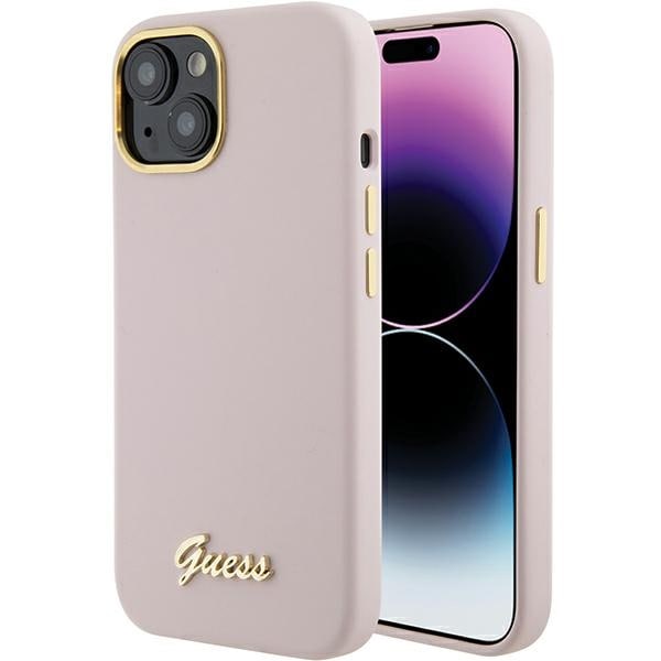 Guess Silikon Script Metal Logo & Frame fodral för iPhone 15 - rosa
