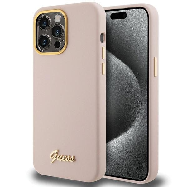 Guess Silikon Script Metal Logo & Frame fodral för iPhone 15 Pro - rosa