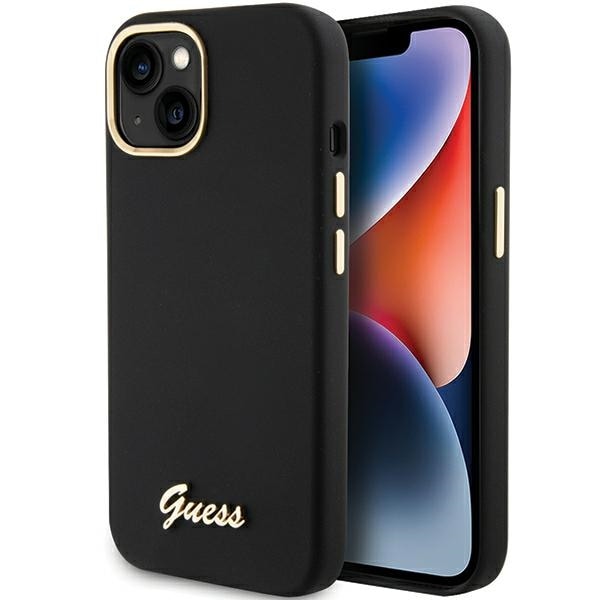 Guess Silikon Script Metal Logo & Frame fodral för iPhone 15 - svart
