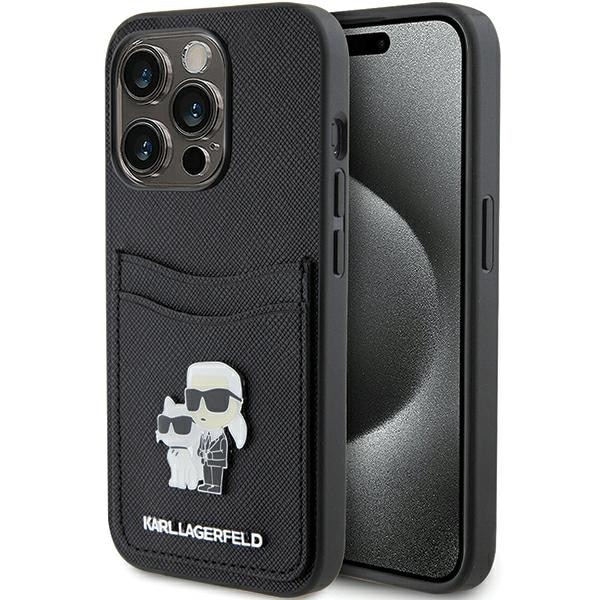 Karl Lagerfeld Saffiano Cardslot Karl&Choupette Metal Pin fodral för iPhone 15 Pro - svart
