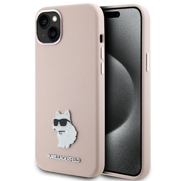 Karl Lagerfeld Silicone Choupette Metal Pin Fodral för iPhone 15 Plus / 14 Plus - Rosa
