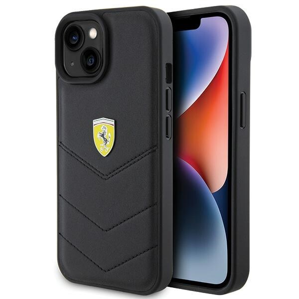 Ferrari Quiltat metallfodral med logotyp för iPhone 15 - svart