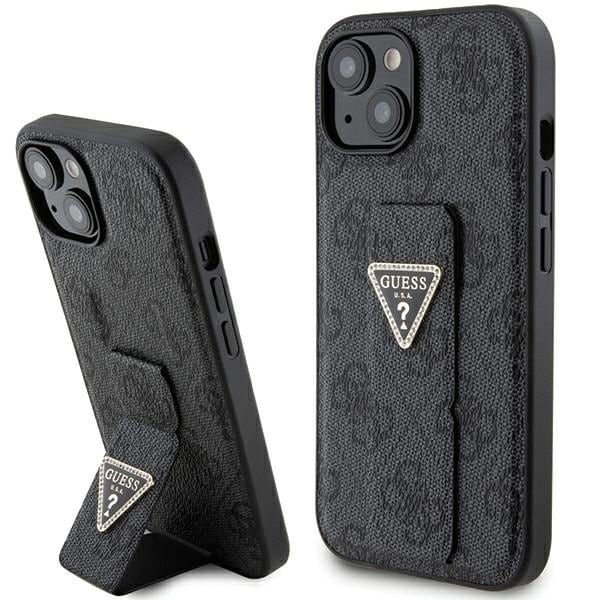 Guess Grip Stand 4G Triangle Strass-fodral för iPhone 15 - svart