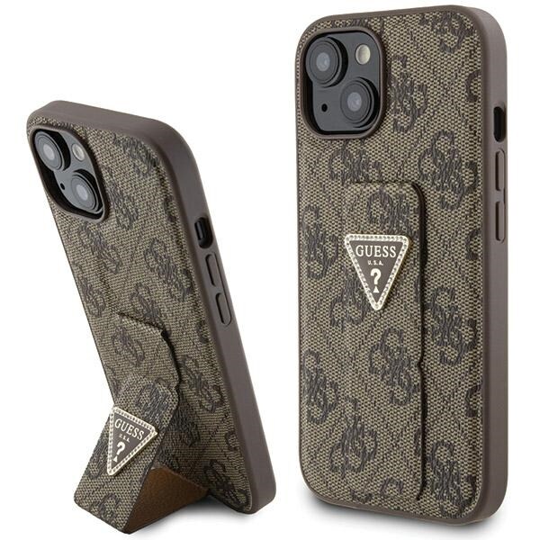 Guess Grip Stand 4G Triangle Strass fodral för iPhone 15 - brun