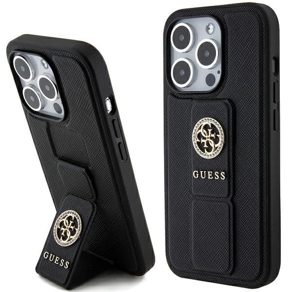 Guess Grip Stand 4G Saffiano Strass-fodral för iPhone 15 Pro Max - svart