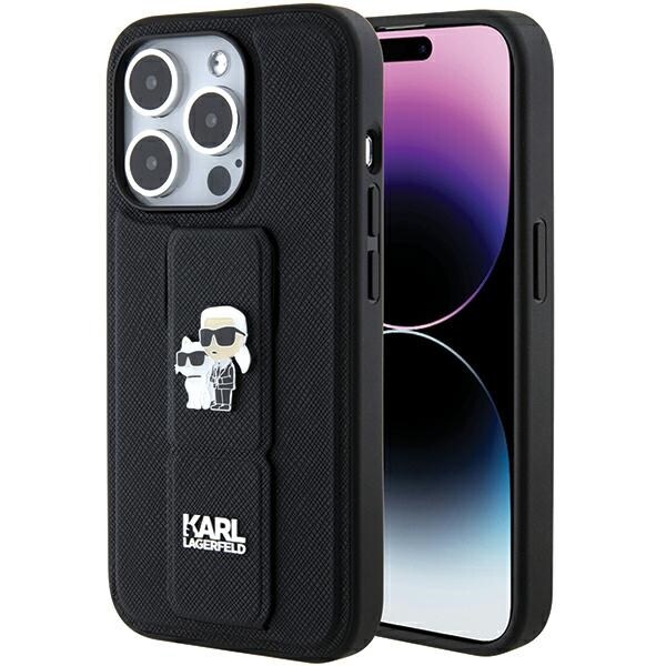 Karl Lagerfeld Gripstand Saffiano Karl&Choupette Pins fodral för iPhone 15 Pro Max - svart