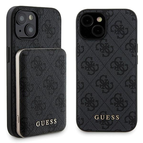 Guess 4G Metall Logo fodral set för iPhone 15 + 5000mAh MagSafe powerbank - svart