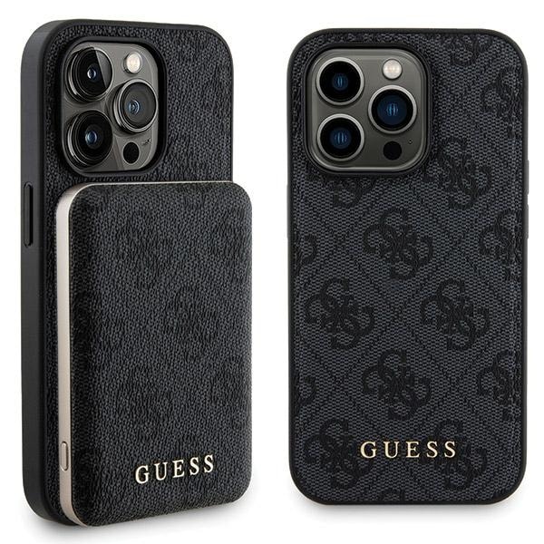 Guess 4G Metall Logo Fodral Set för iPhone 15 Pro Max + 5000mAh MagSafe Powerbank - Svart