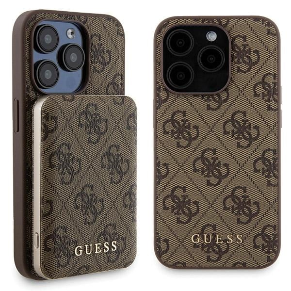Guess 4G Metall Logo fodral set för iPhone 15 Pro + 5000mAh MagSafe powerbank - brun