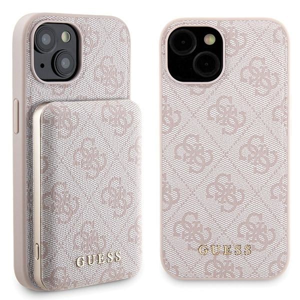 Guess 4G Metall Logo fodral set för iPhone 15 + 5000mAh MagSafe powerbank - rosa