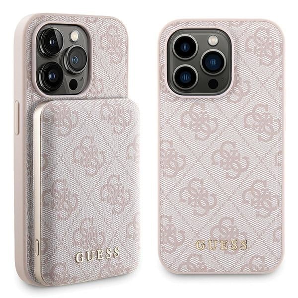 Guess 4G Metall Logo fodral set för iPhone 15 Pro Max + 5000mAh MagSafe powerbank - rosa
