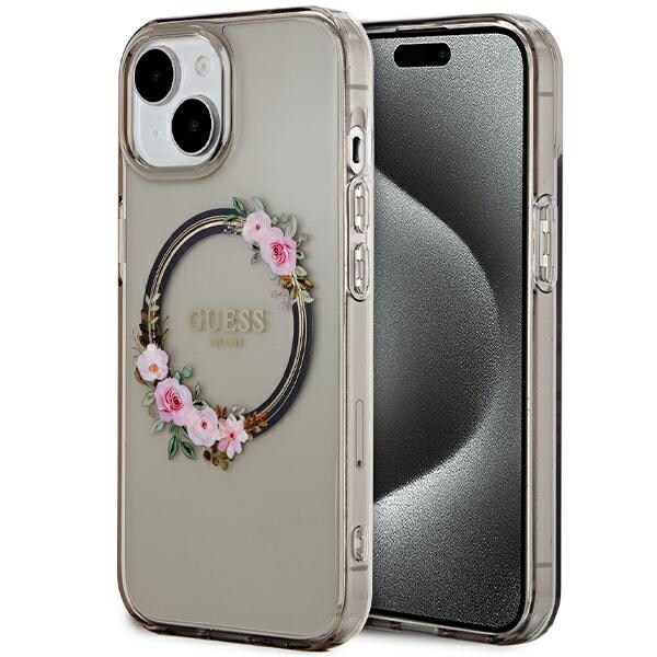 Guess IML Flowers Wreath MagSafe-fodral för iPhone 15 / 14 / 13 - svart