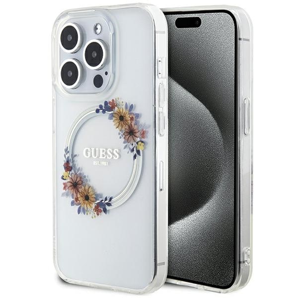 Guess IML Flowers Wreatch MagSafe-fodral för iPhone 15 Pro - transparent