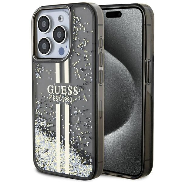 Guess Liquid Glitter Gold Stripes-fodral för iPhone 15 Pro - svart