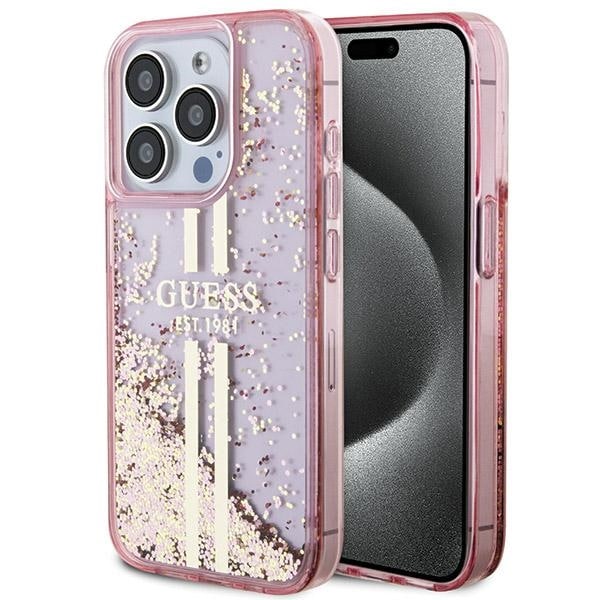 Guess Liquid Glitter Gold Stripes-fodral för iPhone 15 Pro - rosa