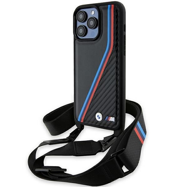 BMW M Edition Carbon Tricolor Lines & Strap-fodral för iPhone 15 Pro - svart