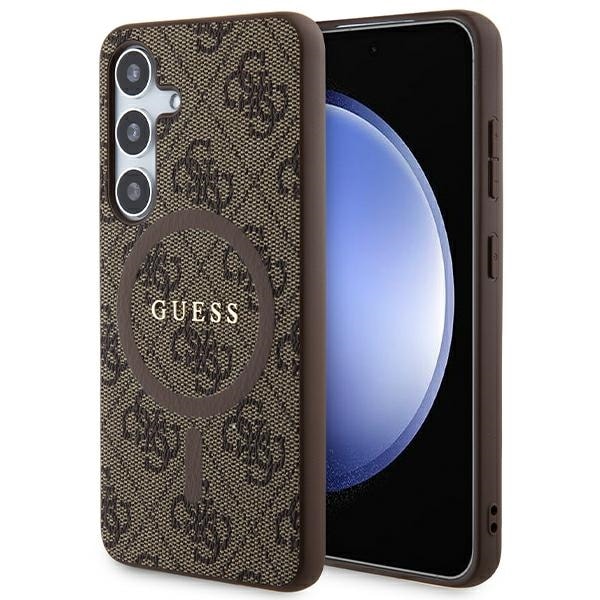 Guess 4G Collection Läder Metall Logo MagSafe Fodral för Samsung Galaxy S24 - Brun