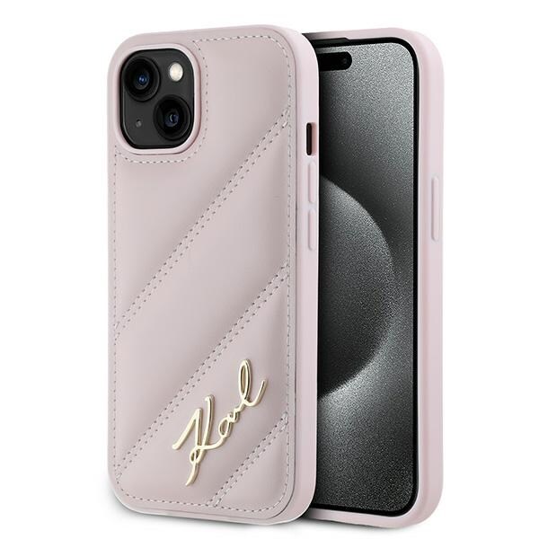 Karl Lagerfeld Diagonal Quilted Script fodral för iPhone 15 Plus / 14 Plus - rosa