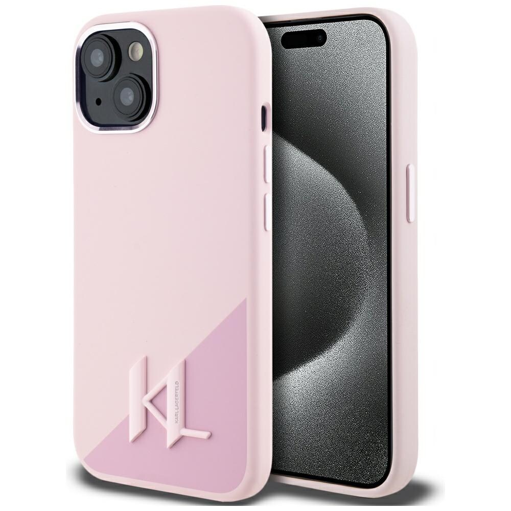 Karl Lagerfeld Silikon Skugga Metall Initial MagSafe iPhone 15 Fodral Rosa