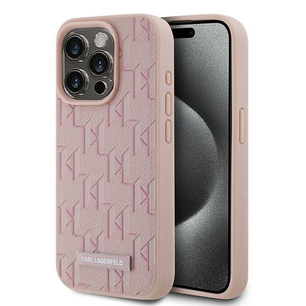 Karl Lagerfeld läderfodral med metallmonogram och logotyp för iPhone 15 Pro - rosa