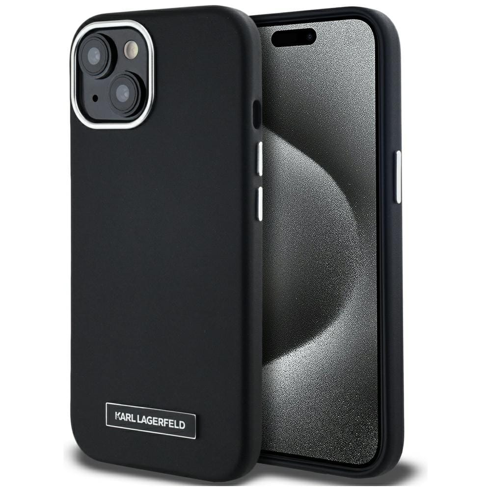 Karl Lagerfeld FW MagSafe iPhone 15-fodral med metallplatta - Svart