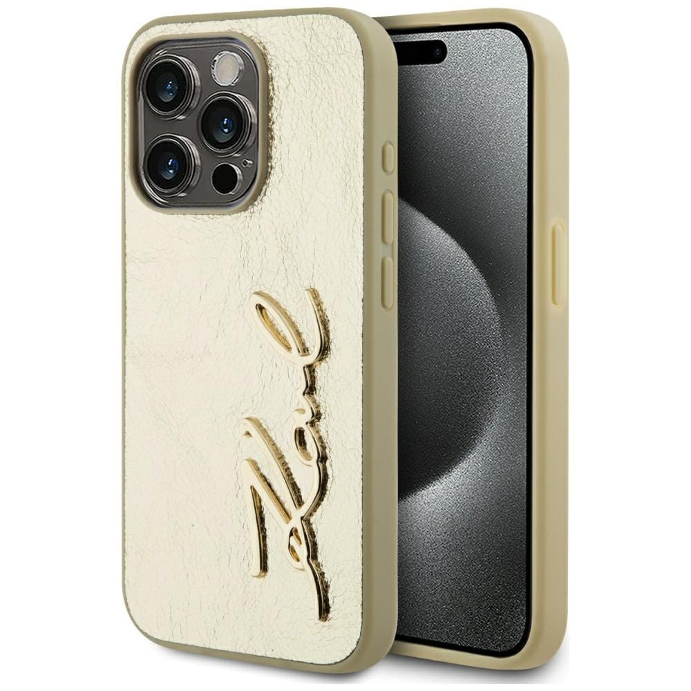 Karl Lagerfeld Fodral i skrynklig metall med signatur iPhone 15 Pro Max - Guld